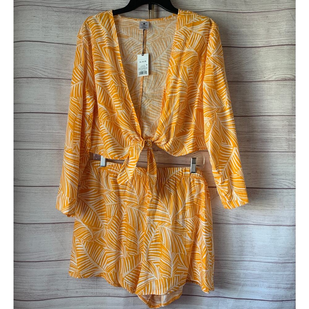 NWT Shade & Shore Orange White Swim Cover Up Outfit Tie Front Shorts Tropical XL